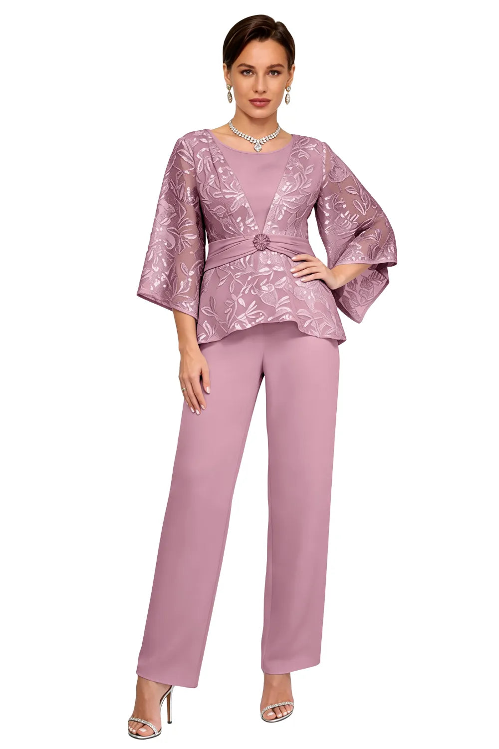 Sheer Bell Sleeve Embellished Evening Pant Set