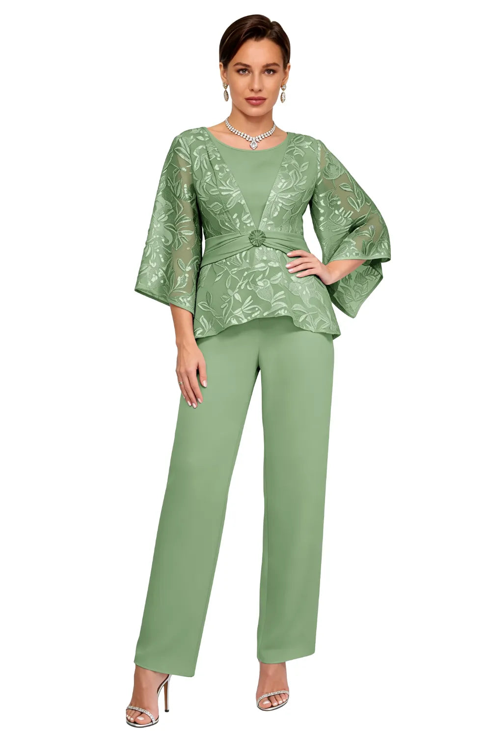 Sheer Bell Sleeve Embellished Evening Pant Set