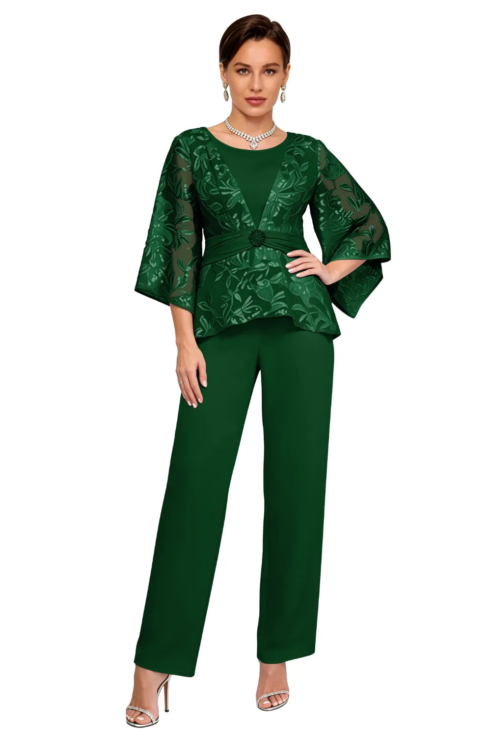 Sheer Bell Sleeve Embellished Evening Pant Set