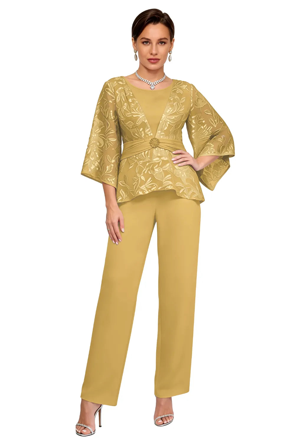 Sheer Bell Sleeve Embellished Evening Pant Set