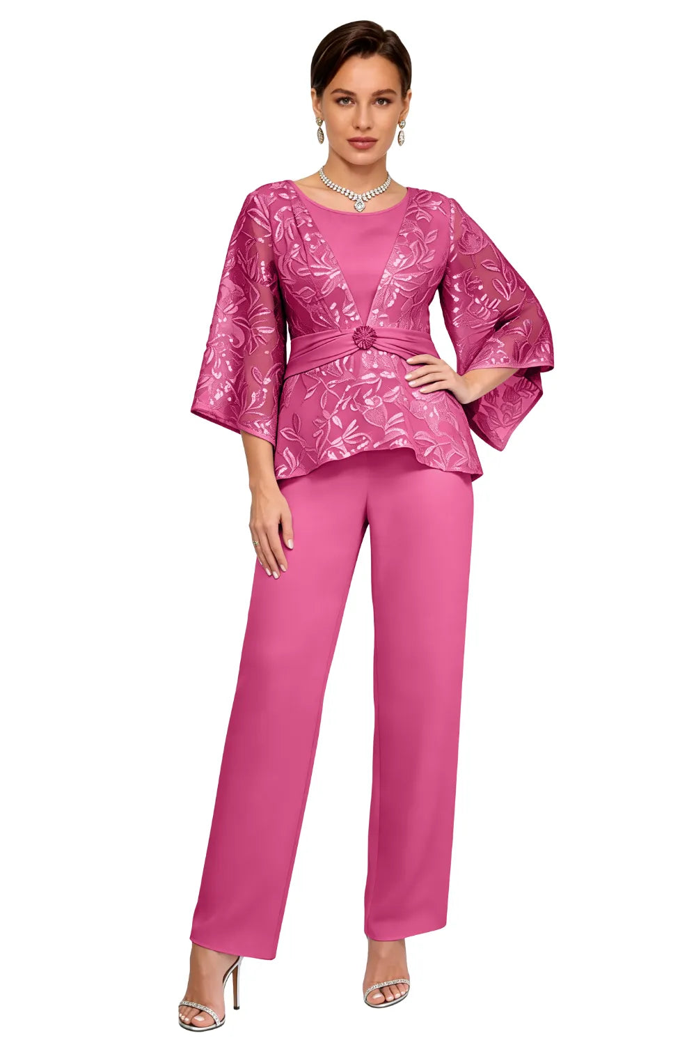 Sheer Bell Sleeve Embellished Evening Pant Set