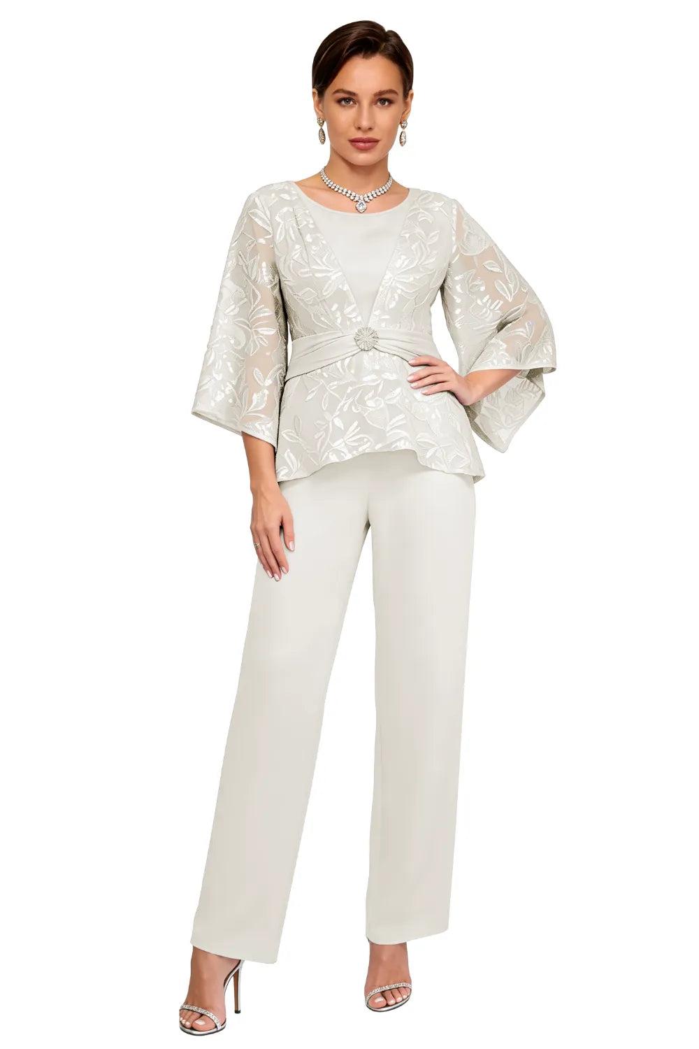 Sheer Bell Sleeve Embellished Evening Pant Set