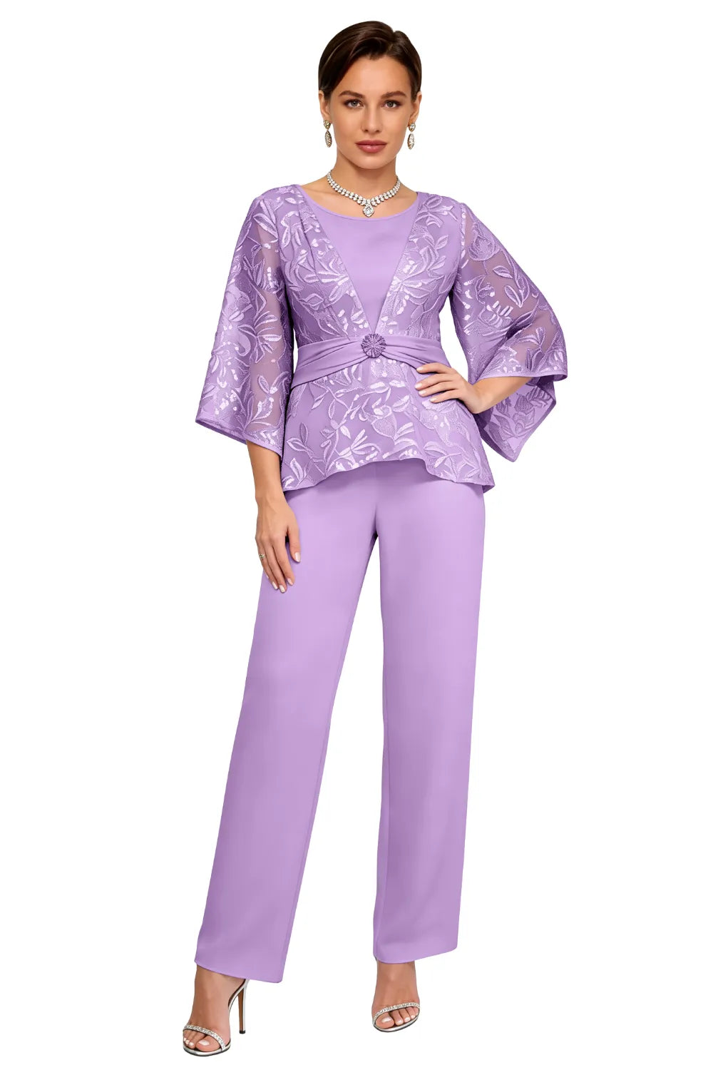 Sheer Bell Sleeve Embellished Evening Pant Set
