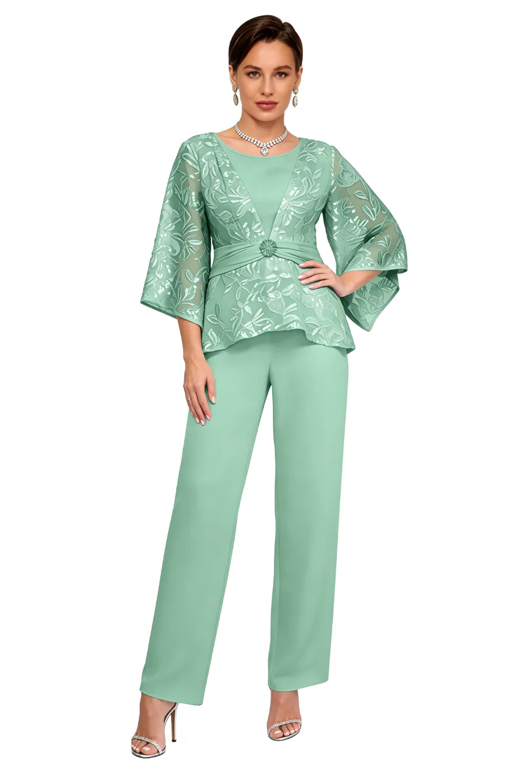 Sheer Bell Sleeve Embellished Evening Pant Set