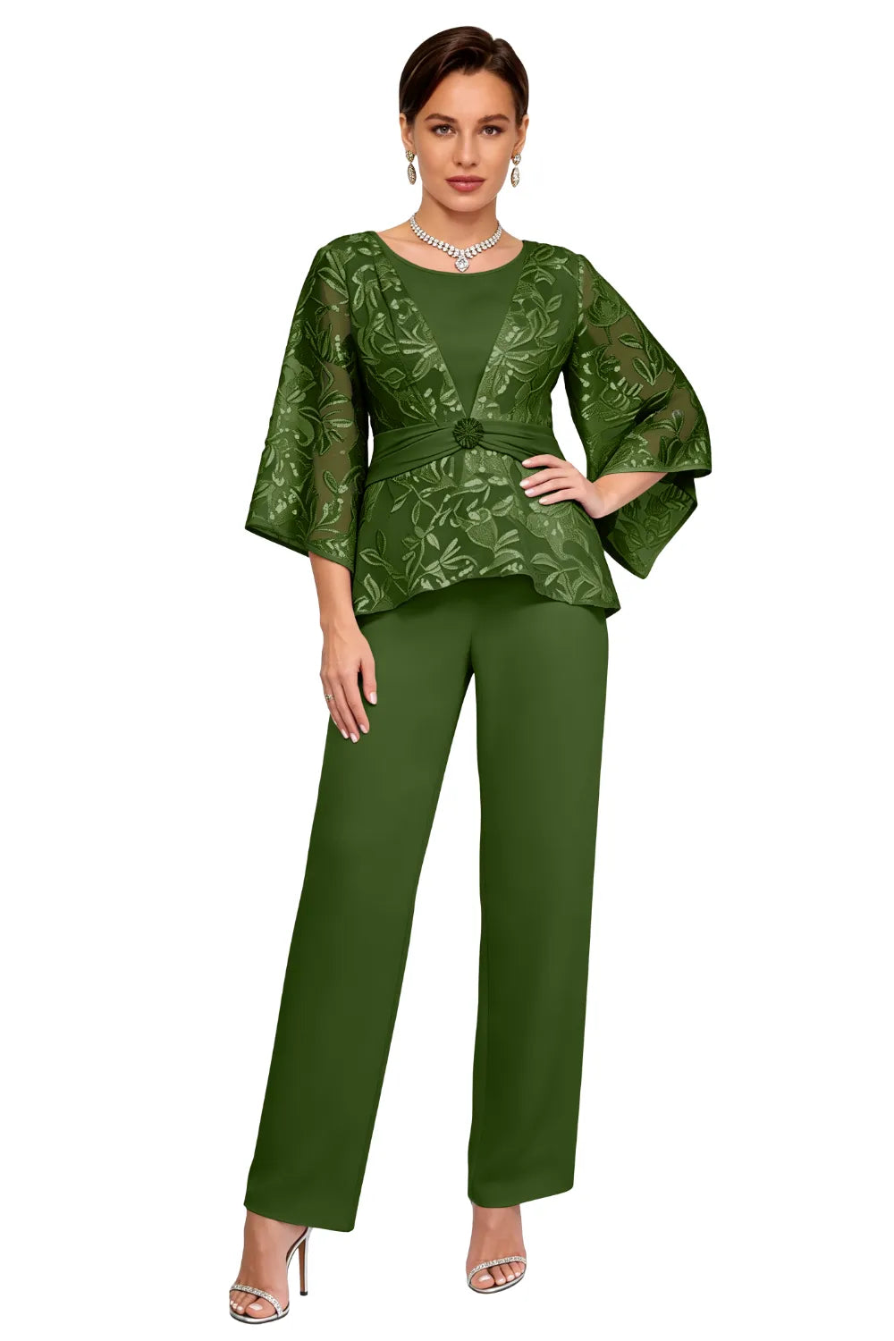 Sheer Bell Sleeve Embellished Evening Pant Set