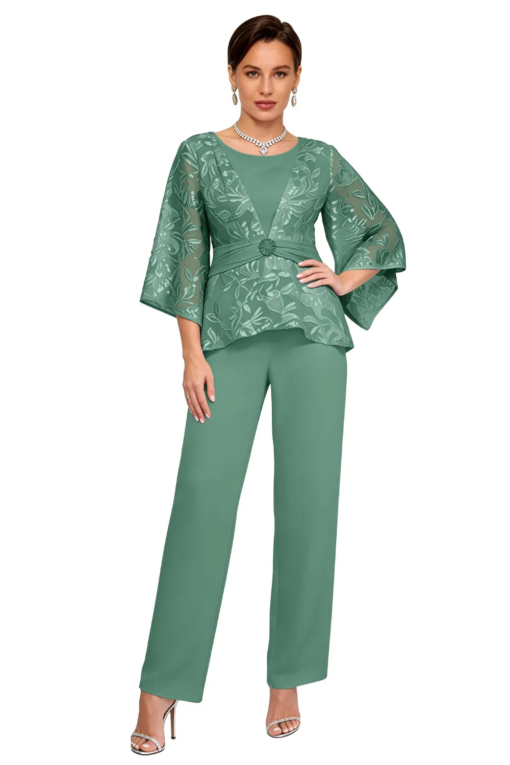 Sheer Bell Sleeve Embellished Evening Pant Set
