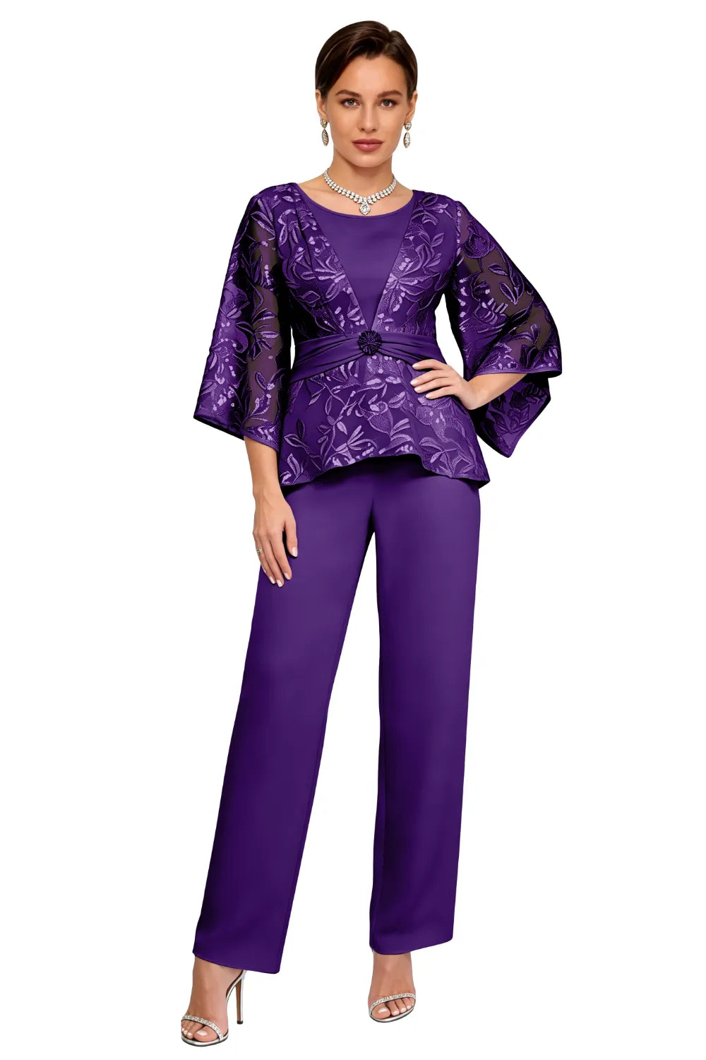 Sheer Bell Sleeve Embellished Evening Pant Set