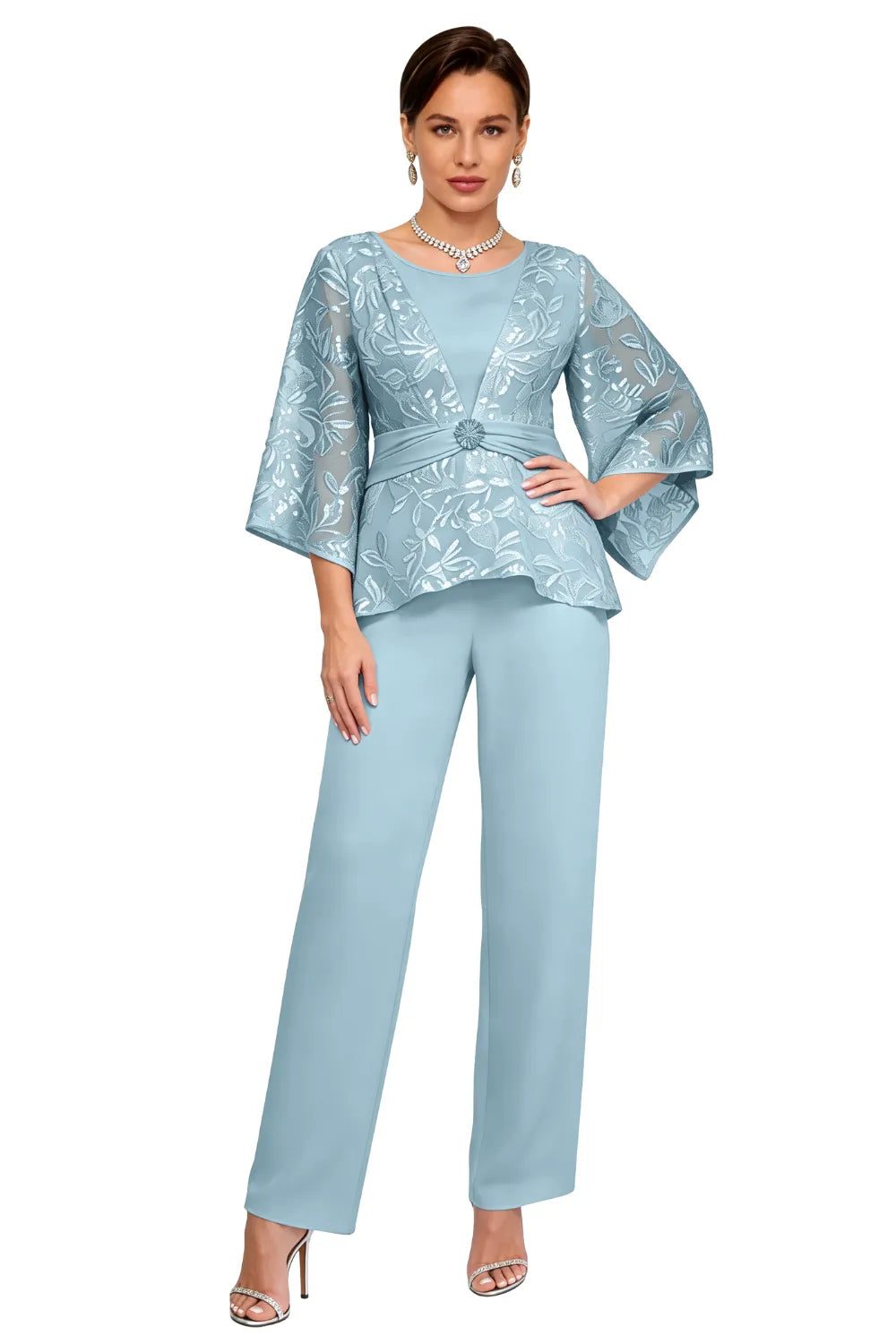 Sheer Bell Sleeve Embellished Evening Pant Set