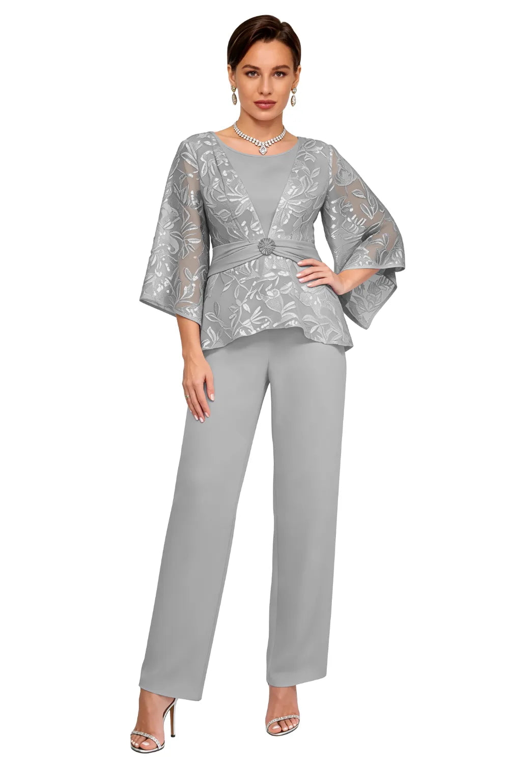 Sheer Bell Sleeve Embellished Evening Pant Set