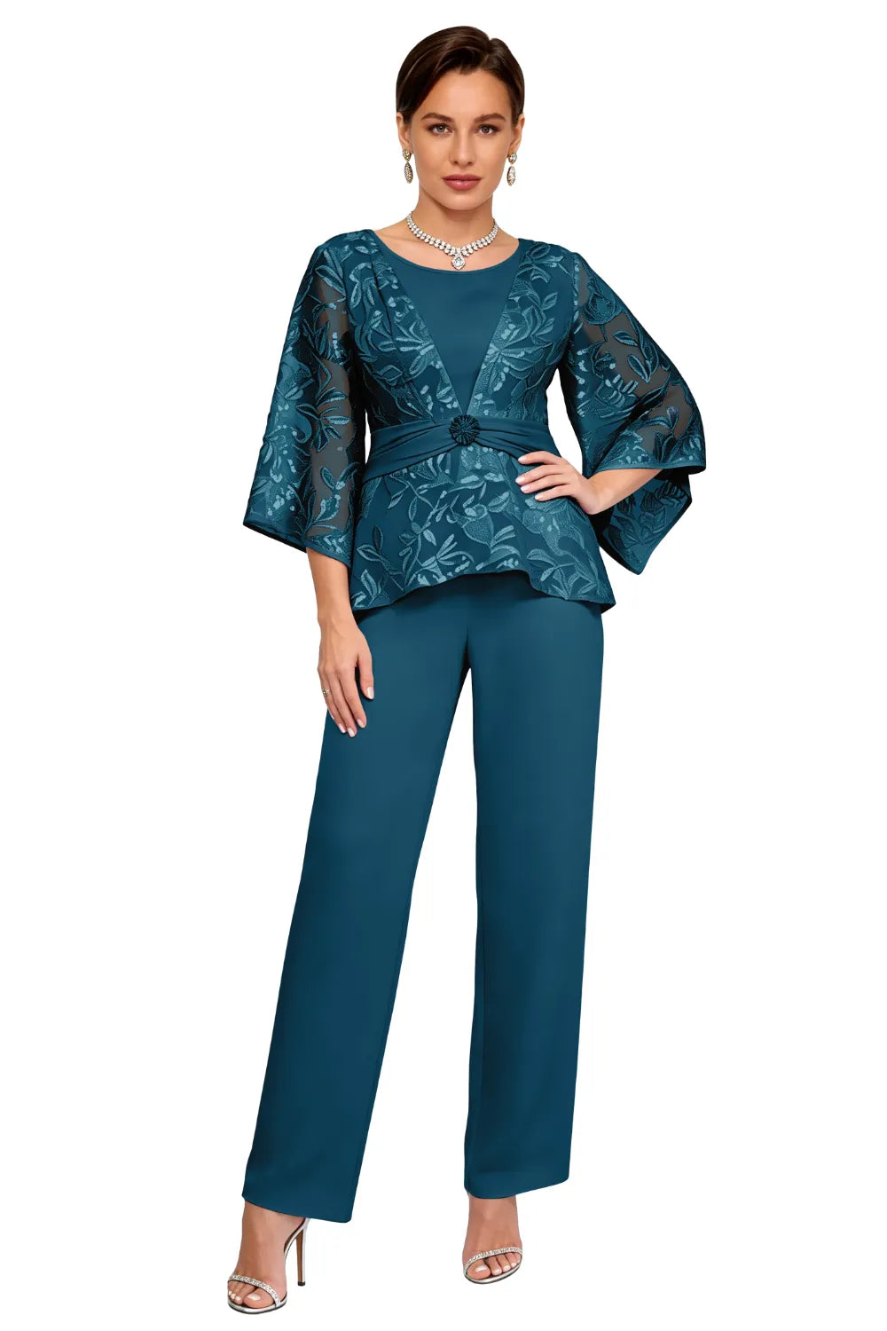 Sheer Bell Sleeve Embellished Evening Pant Set