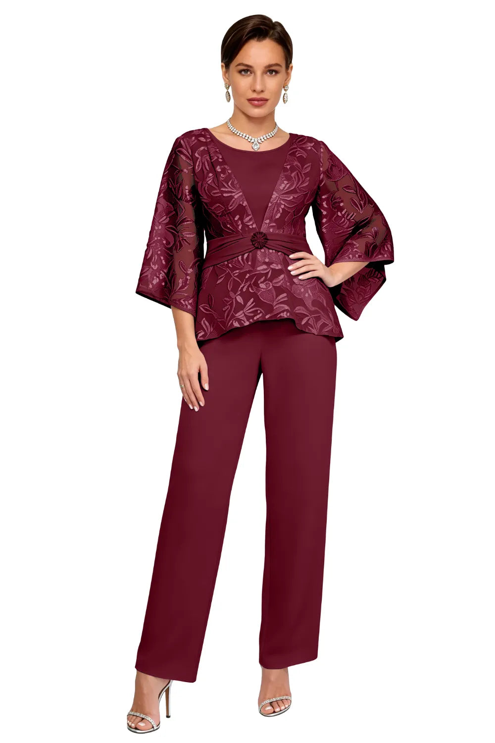 Sheer Bell Sleeve Embellished Evening Pant Set