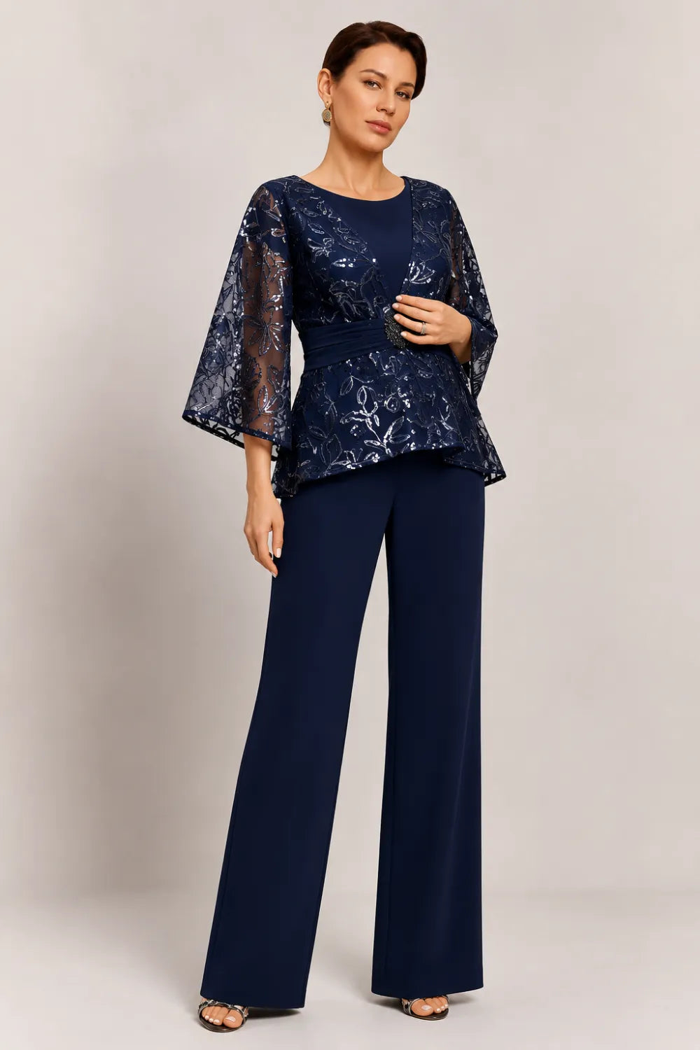 Sheer Bell Sleeve Embellished Evening Pant Set
