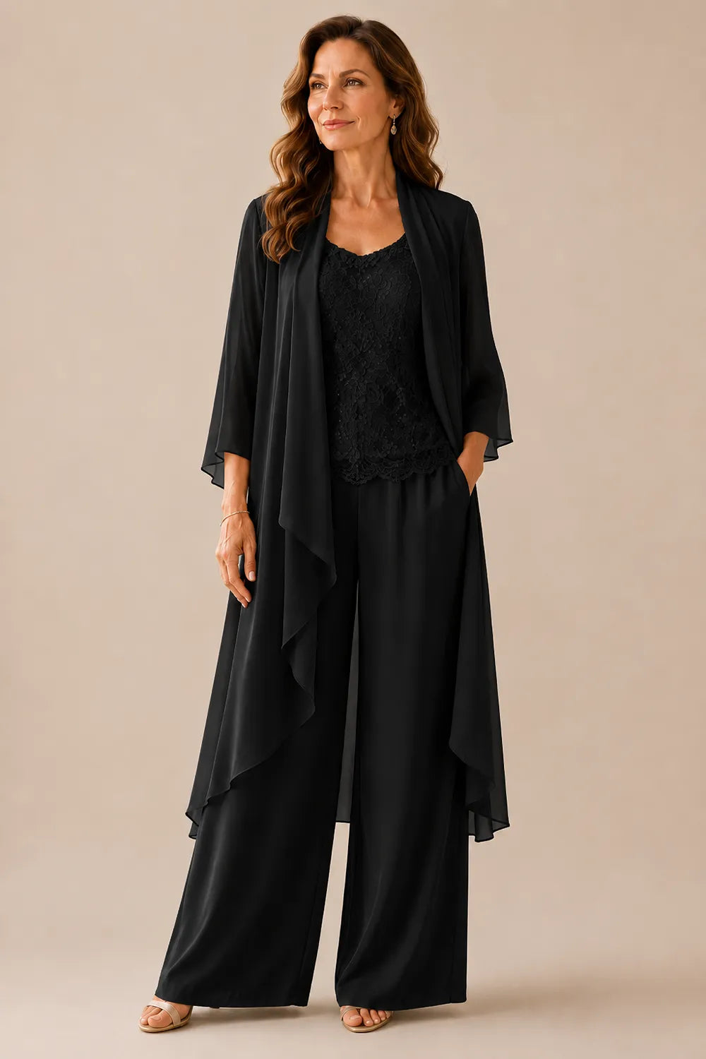 Three-Piece Lace Top Chiffon Pant Suit