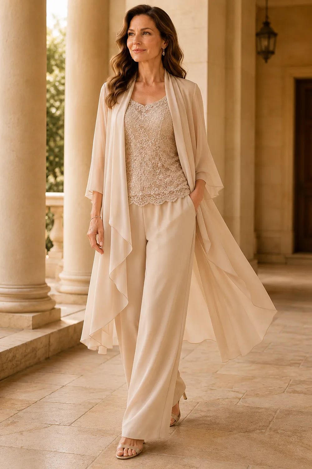 Three-Piece Lace Top Chiffon Pant Suit