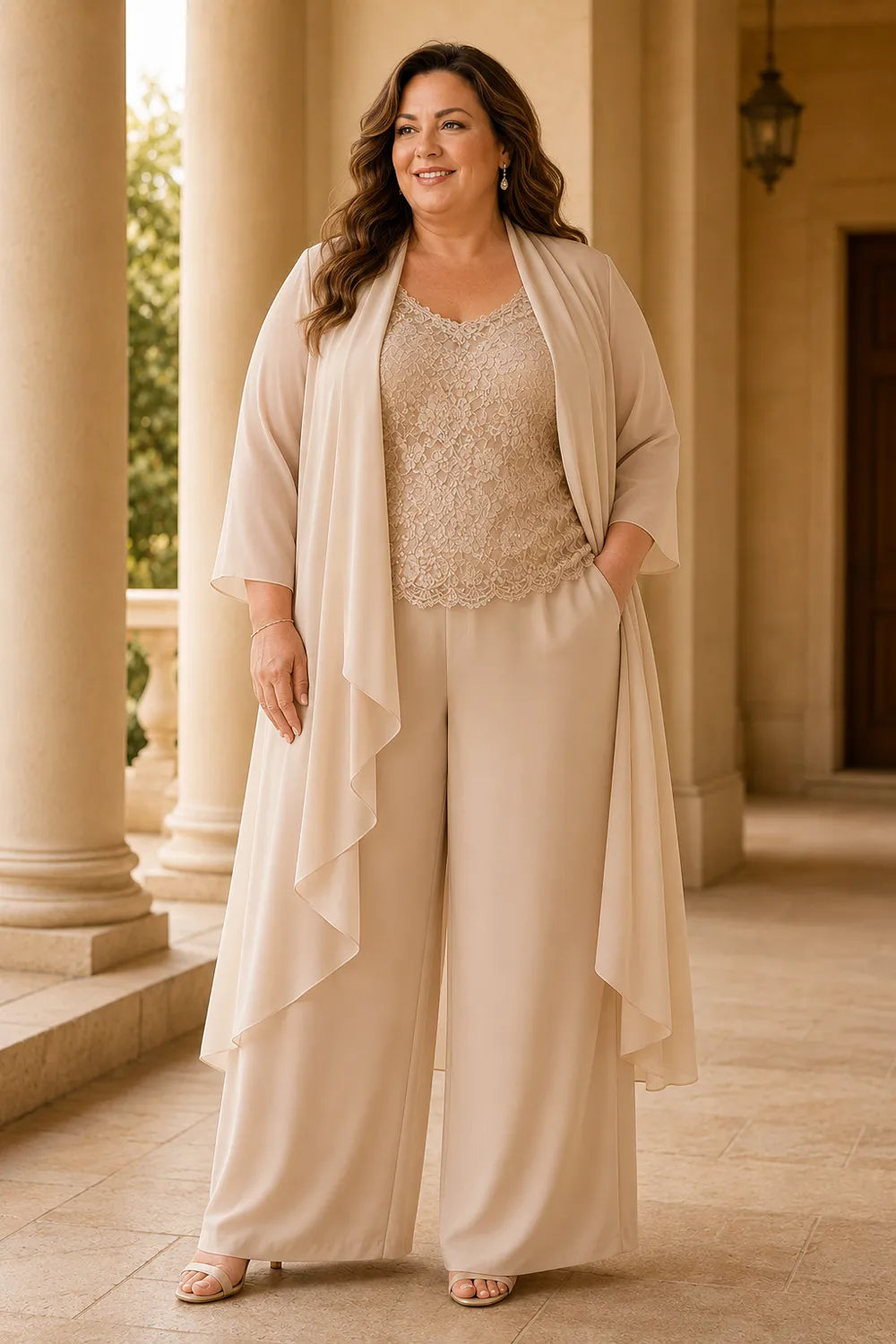 Three-Piece Lace Top Chiffon Pant Suit