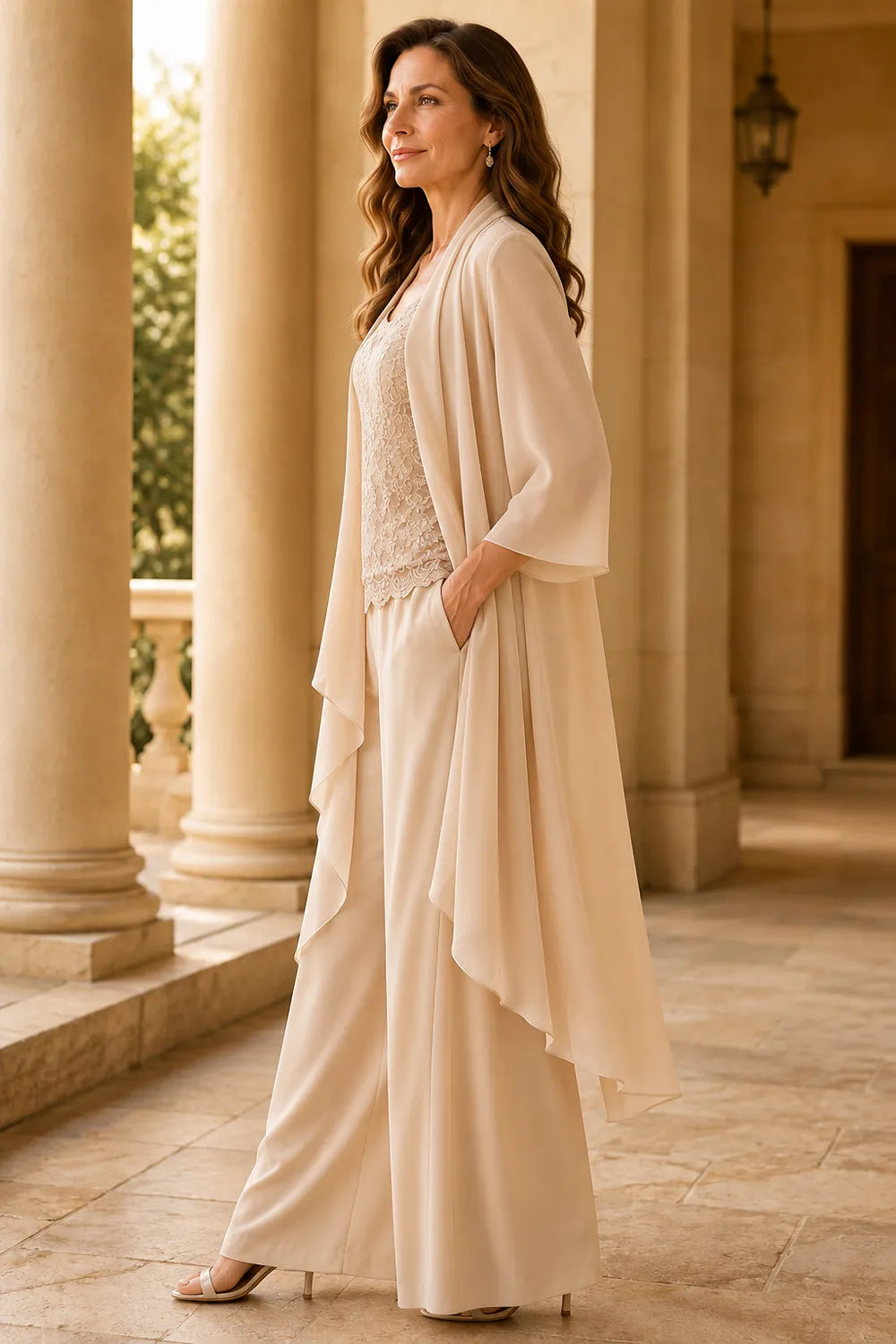 Three-Piece Lace Top Chiffon Pant Suit