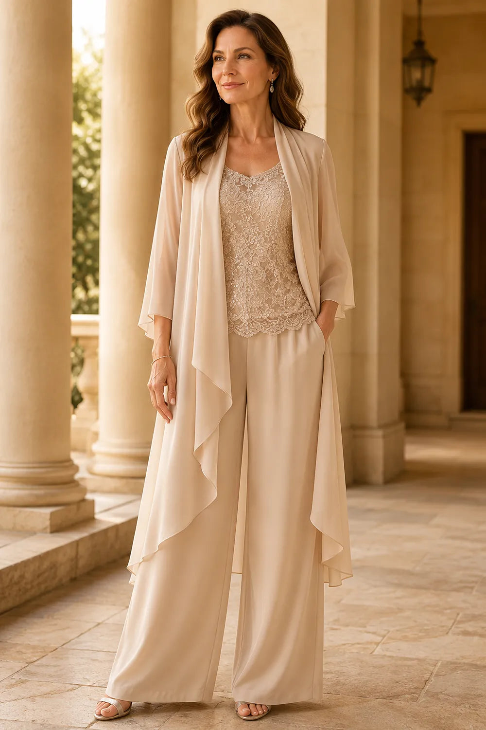 Three-Piece Lace Top Chiffon Pant Suit