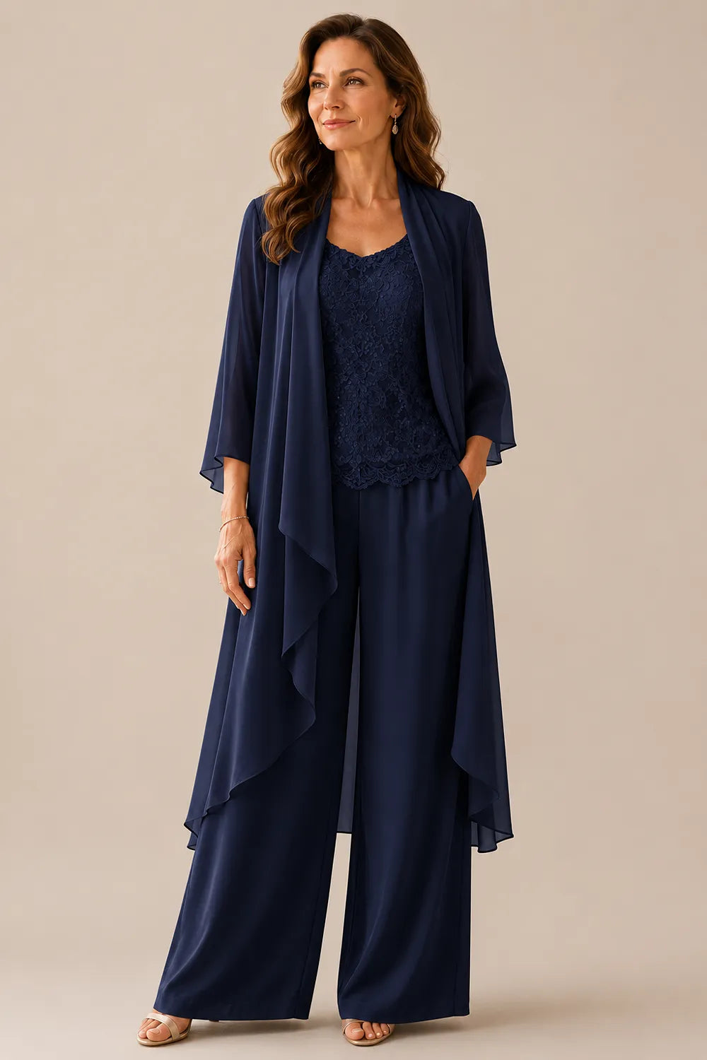 Three-Piece Lace Top Chiffon Pant Suit