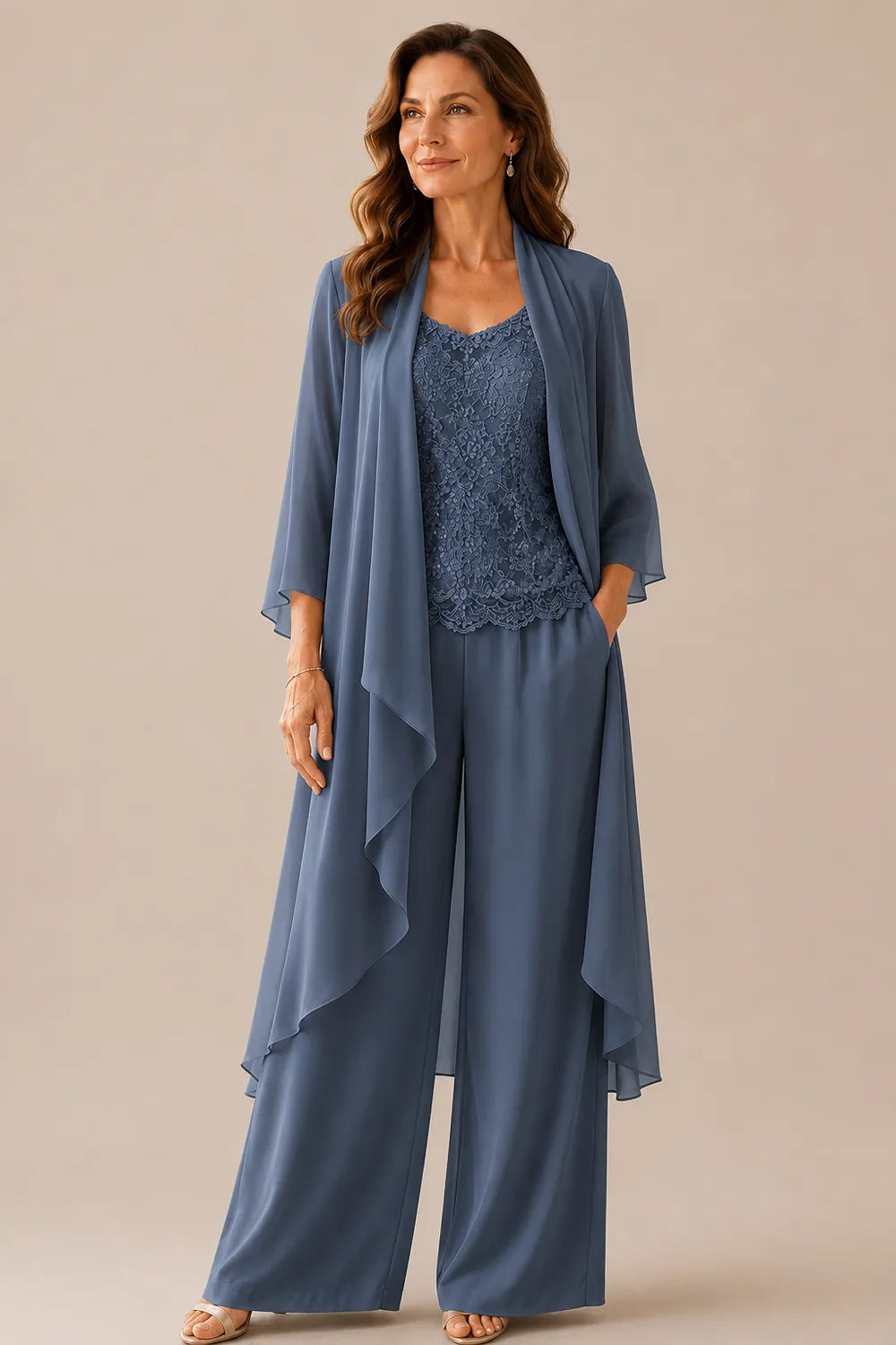 Three-Piece Lace Top Chiffon Pant Suit