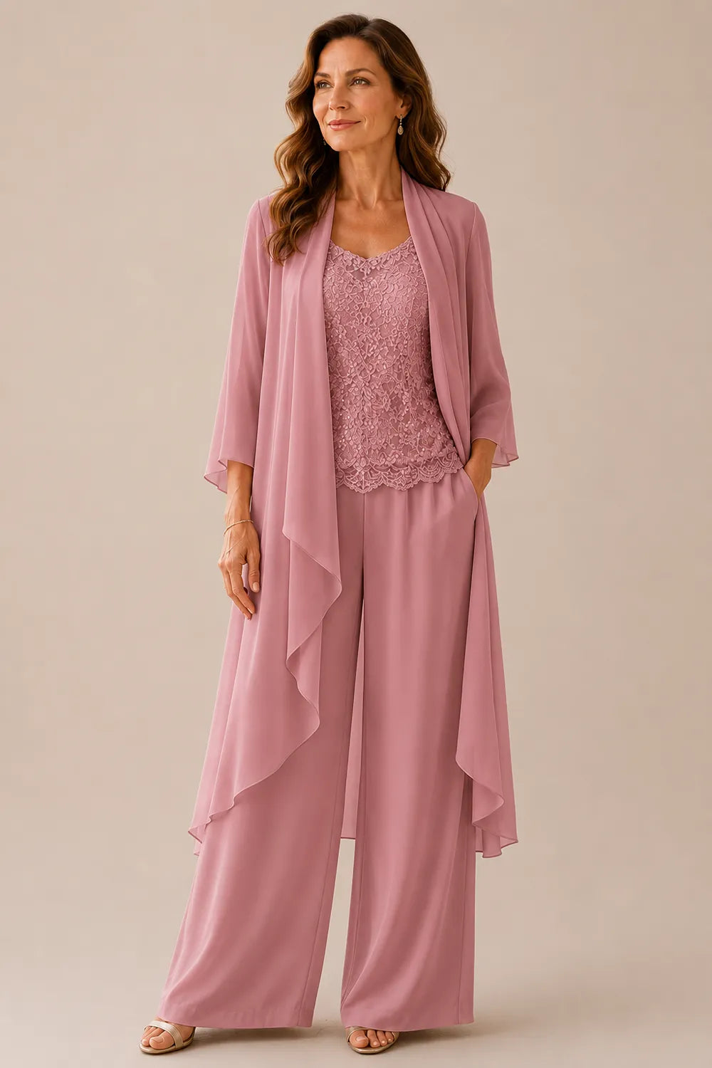 Three-Piece Lace Top Chiffon Pant Suit