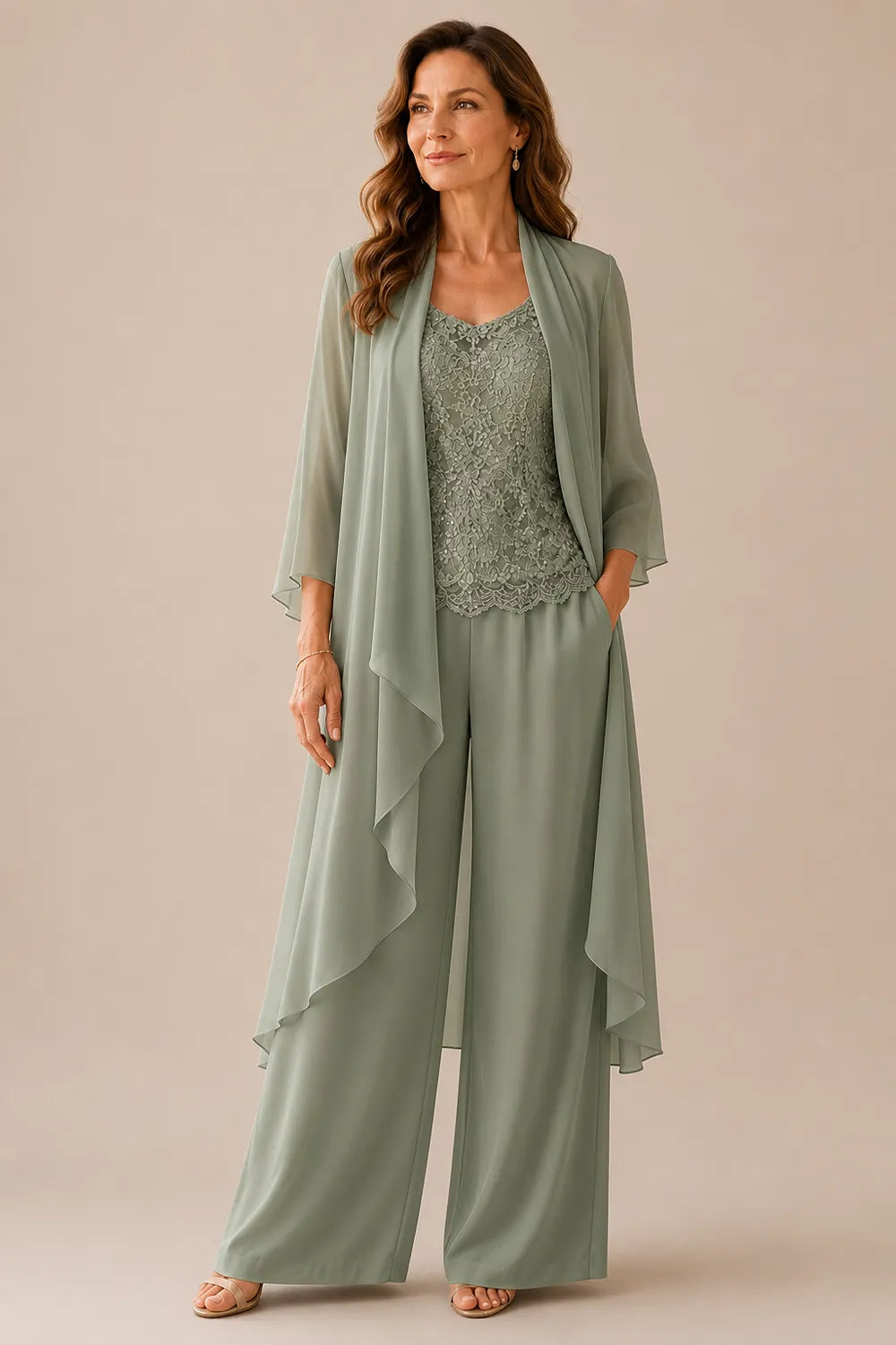 Three-Piece Lace Top Chiffon Pant Suit