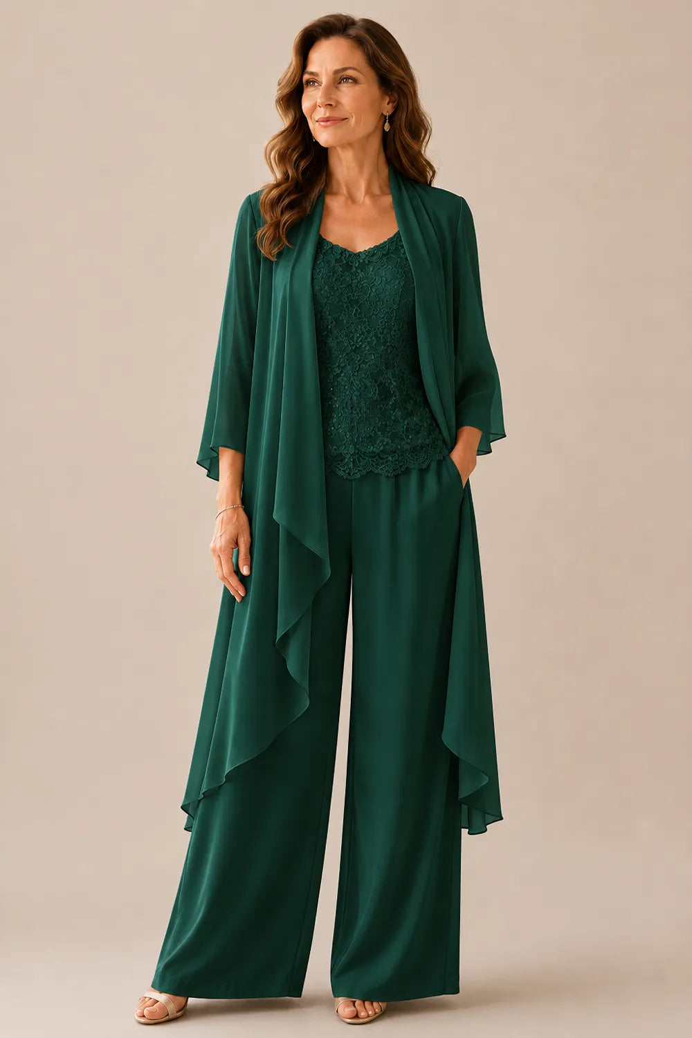 Three-Piece Lace Top Chiffon Pant Suit