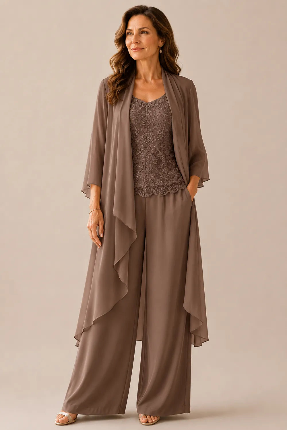 Three-Piece Lace Top Chiffon Pant Suit