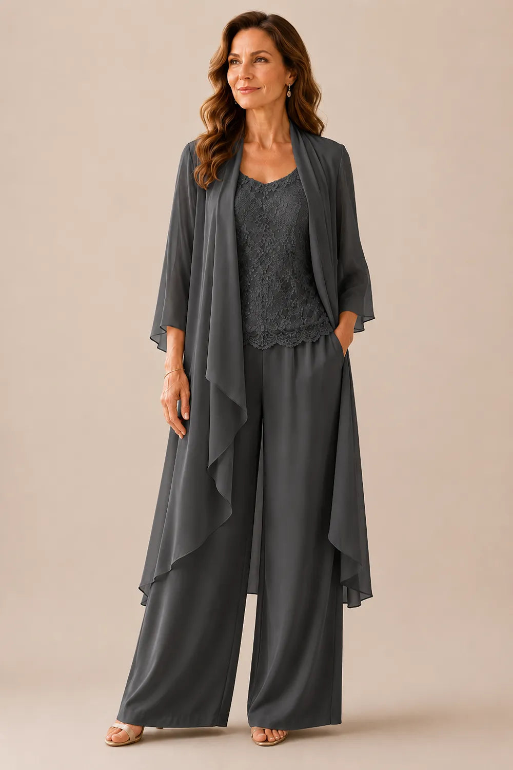Three-Piece Lace Top Chiffon Pant Suit