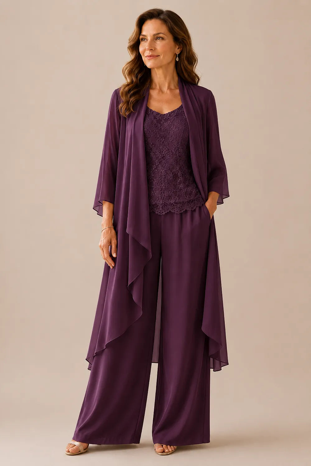 Three-Piece Lace Top Chiffon Pant Suit