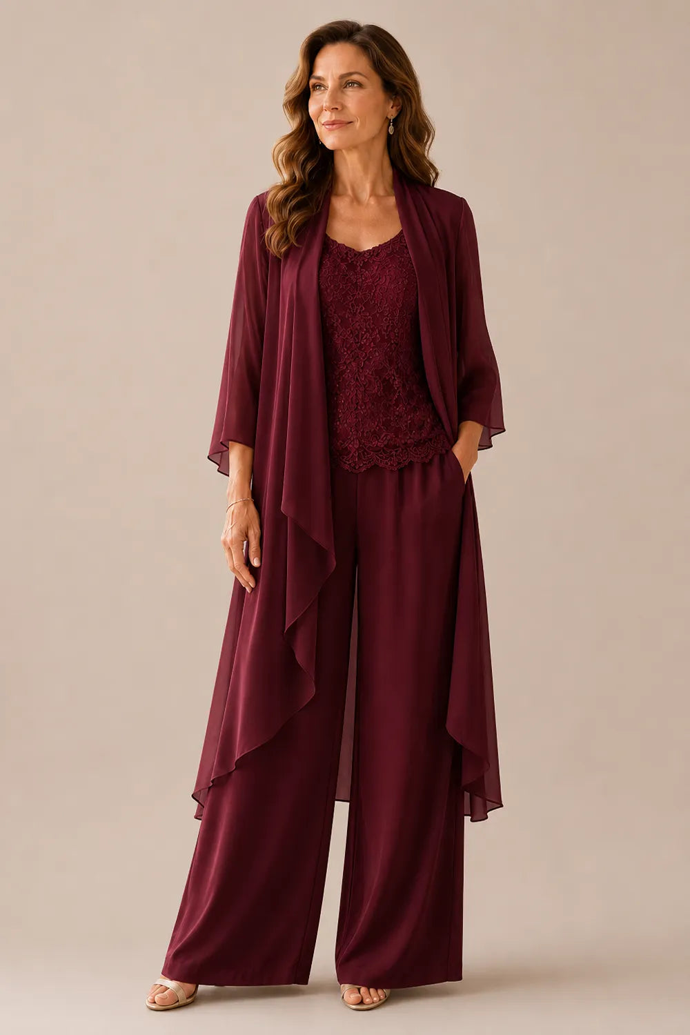 Three-Piece Lace Top Chiffon Pant Suit