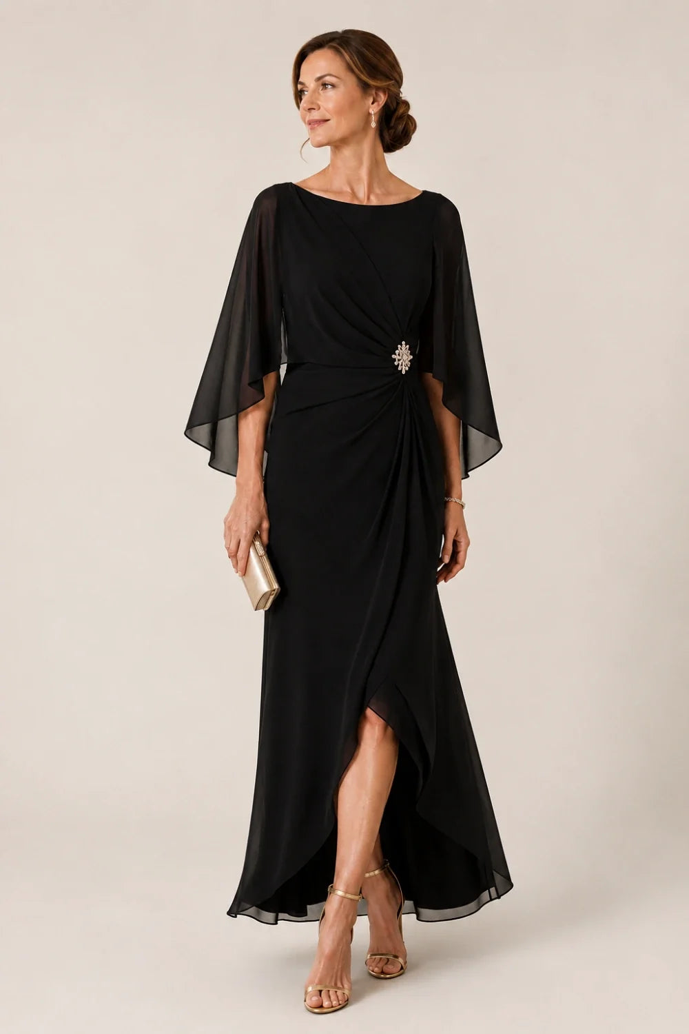 Chiffon Cape Sleeve Wrap Formal Dress with Brooch