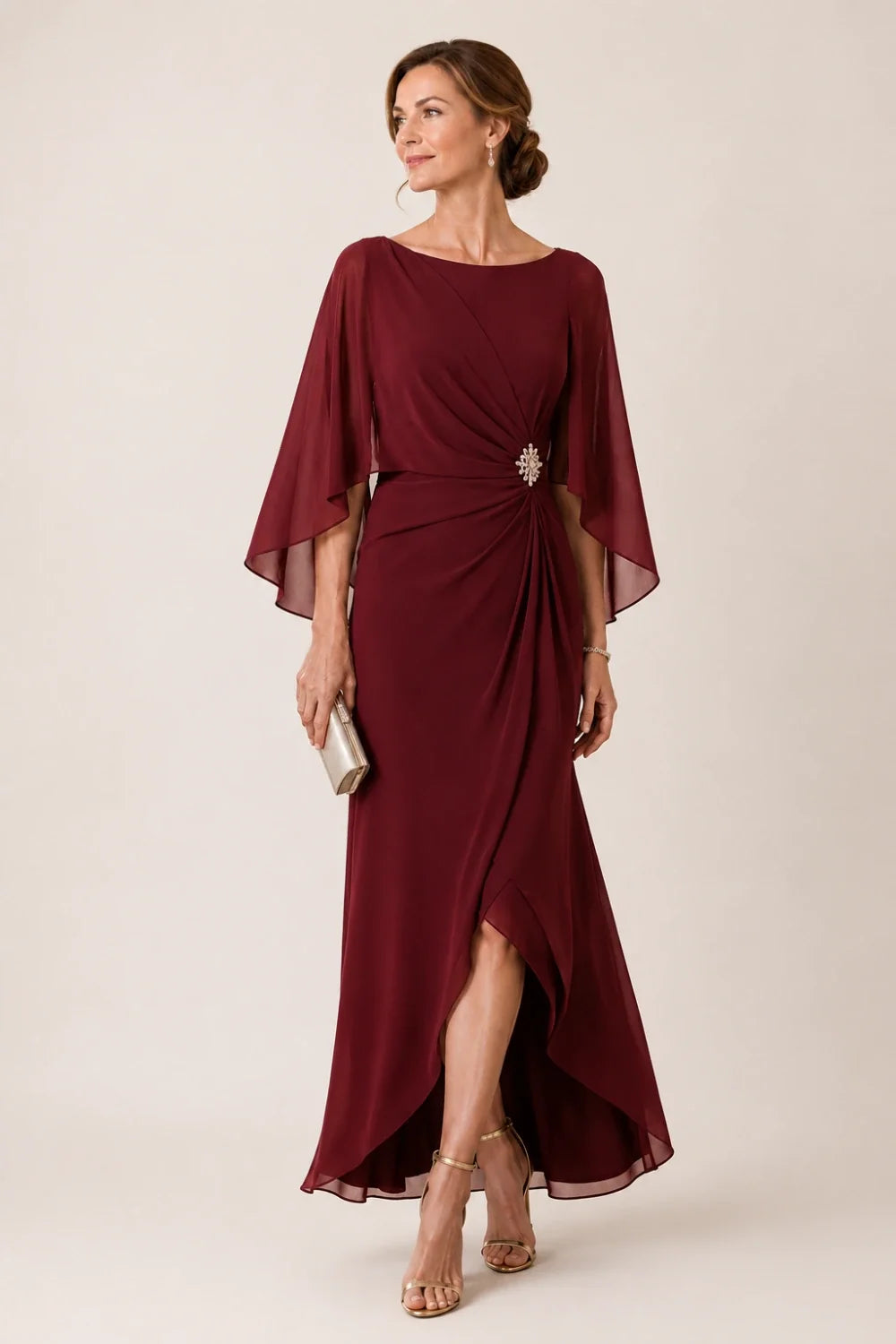 Chiffon Cape Sleeve Wrap Formal Dress with Brooch