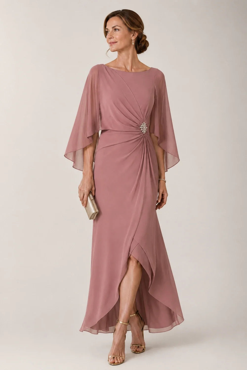 Chiffon Cape Sleeve Wrap Formal Dress with Brooch