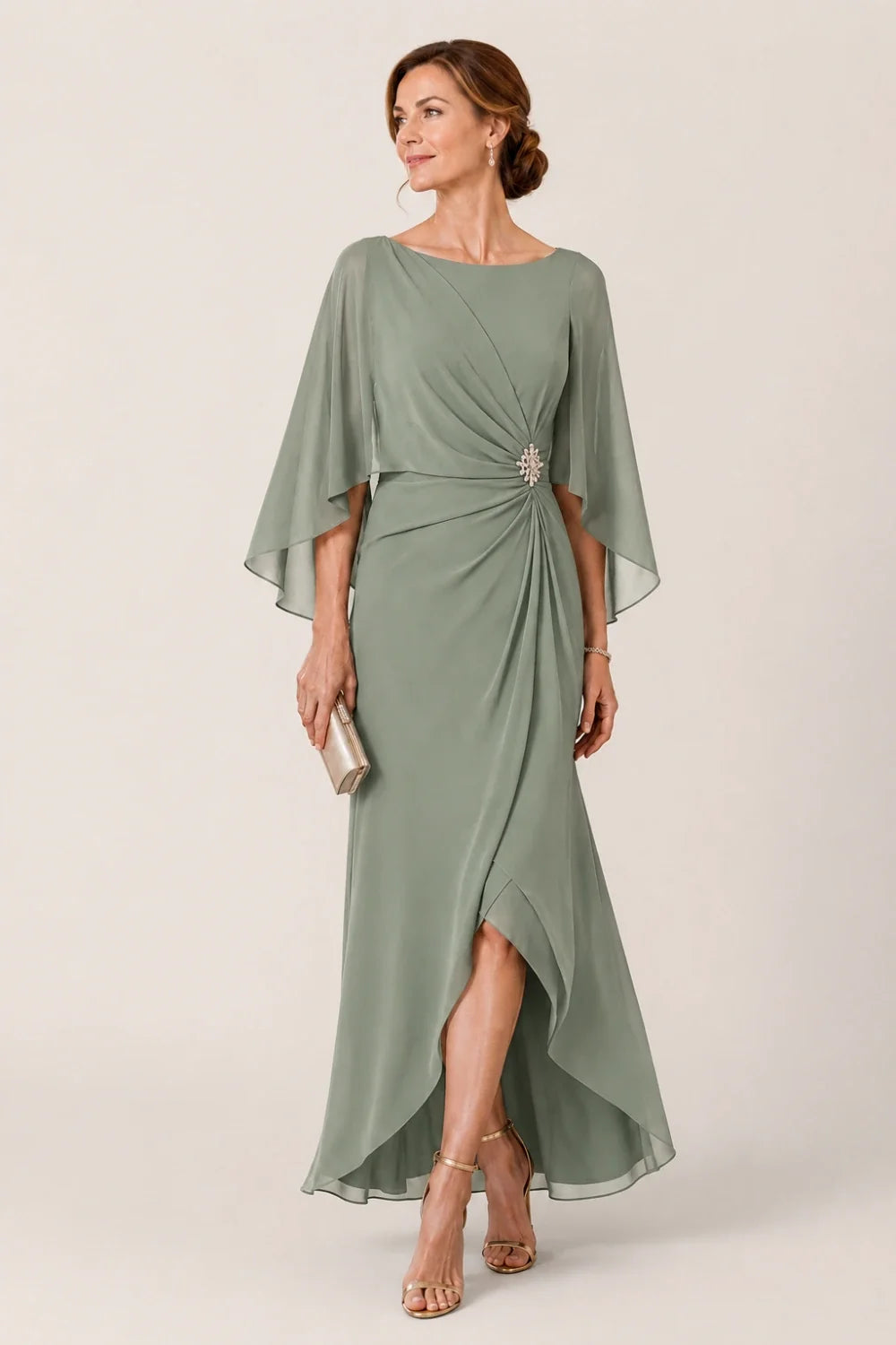 Chiffon Cape Sleeve Wrap Formal Dress with Brooch
