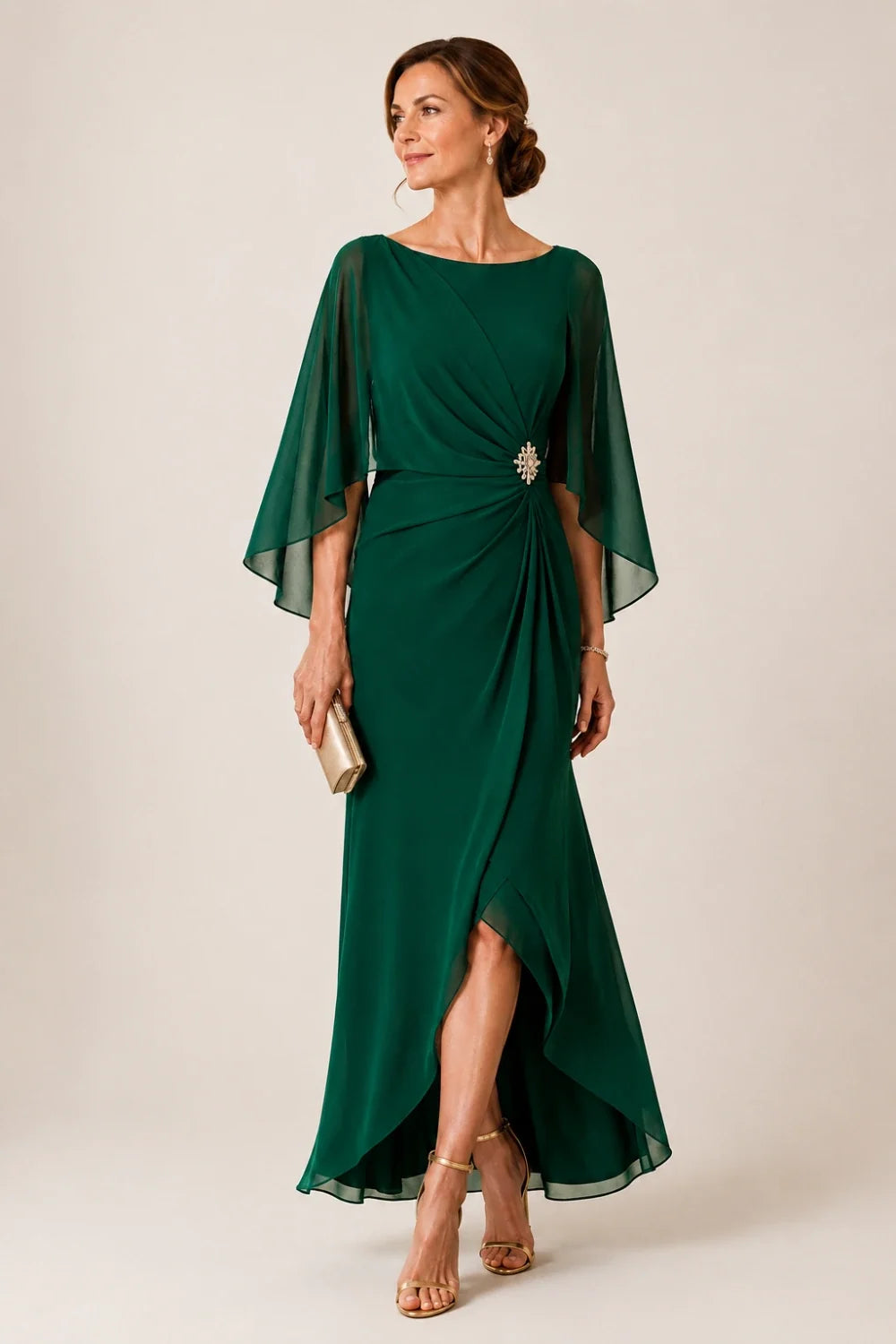 Chiffon Cape Sleeve Wrap Formal Dress with Brooch