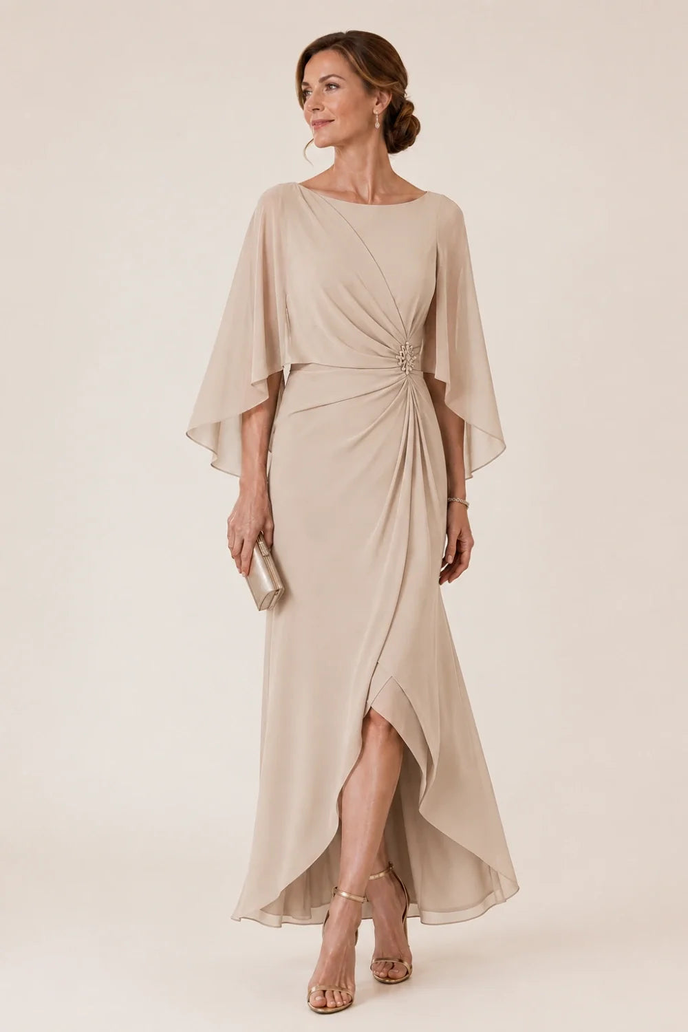 Chiffon Cape Sleeve Wrap Formal Dress with Brooch