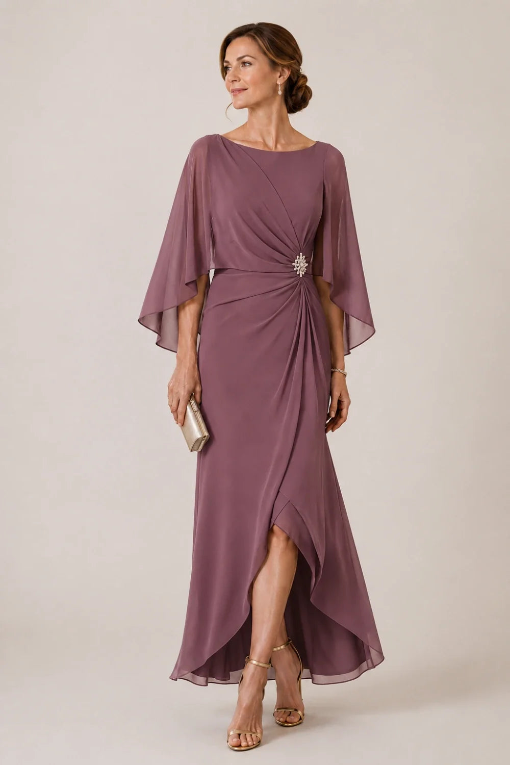 Chiffon Cape Sleeve Wrap Formal Dress with Brooch