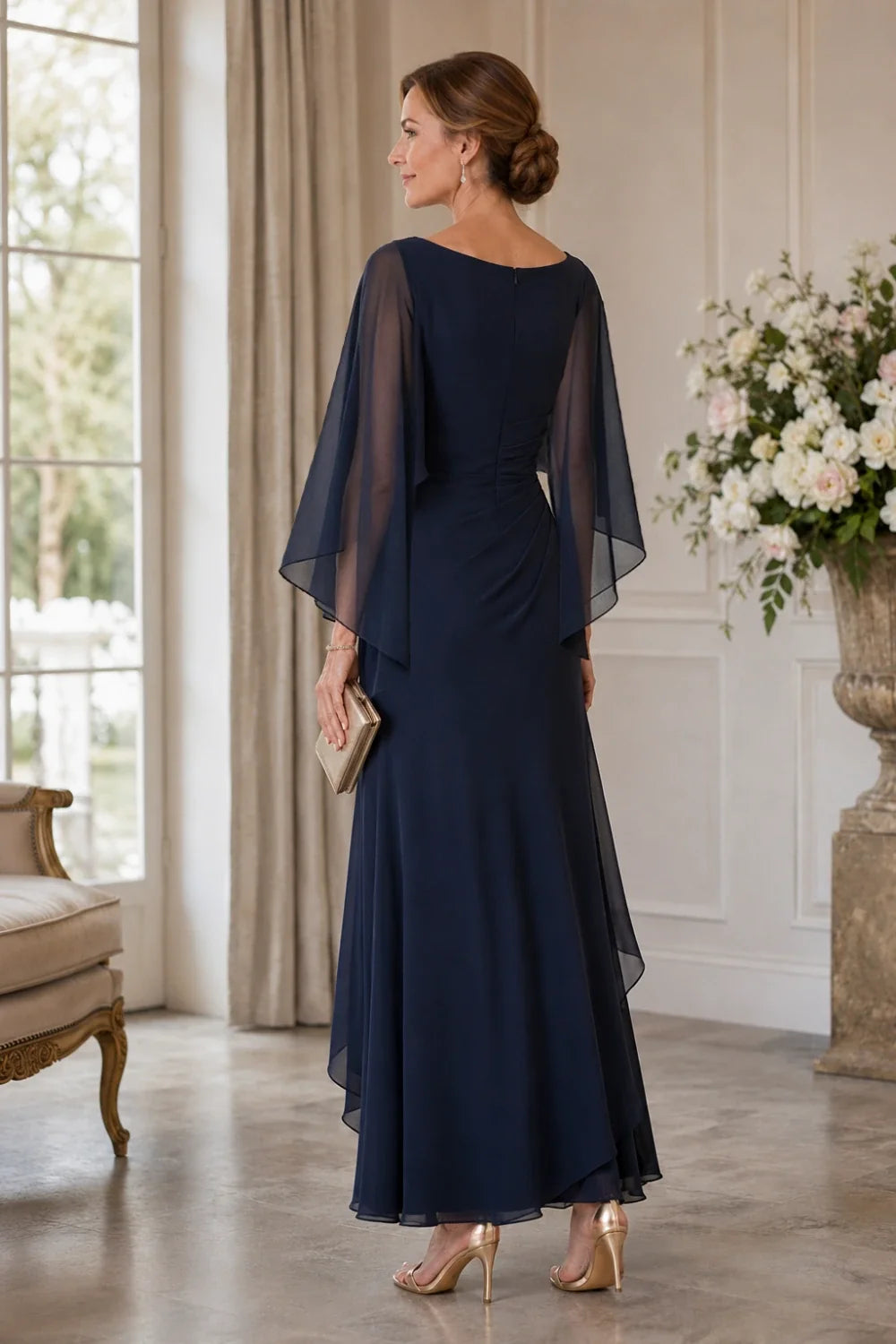Chiffon Cape Sleeve Wrap Formal Dress with Brooch