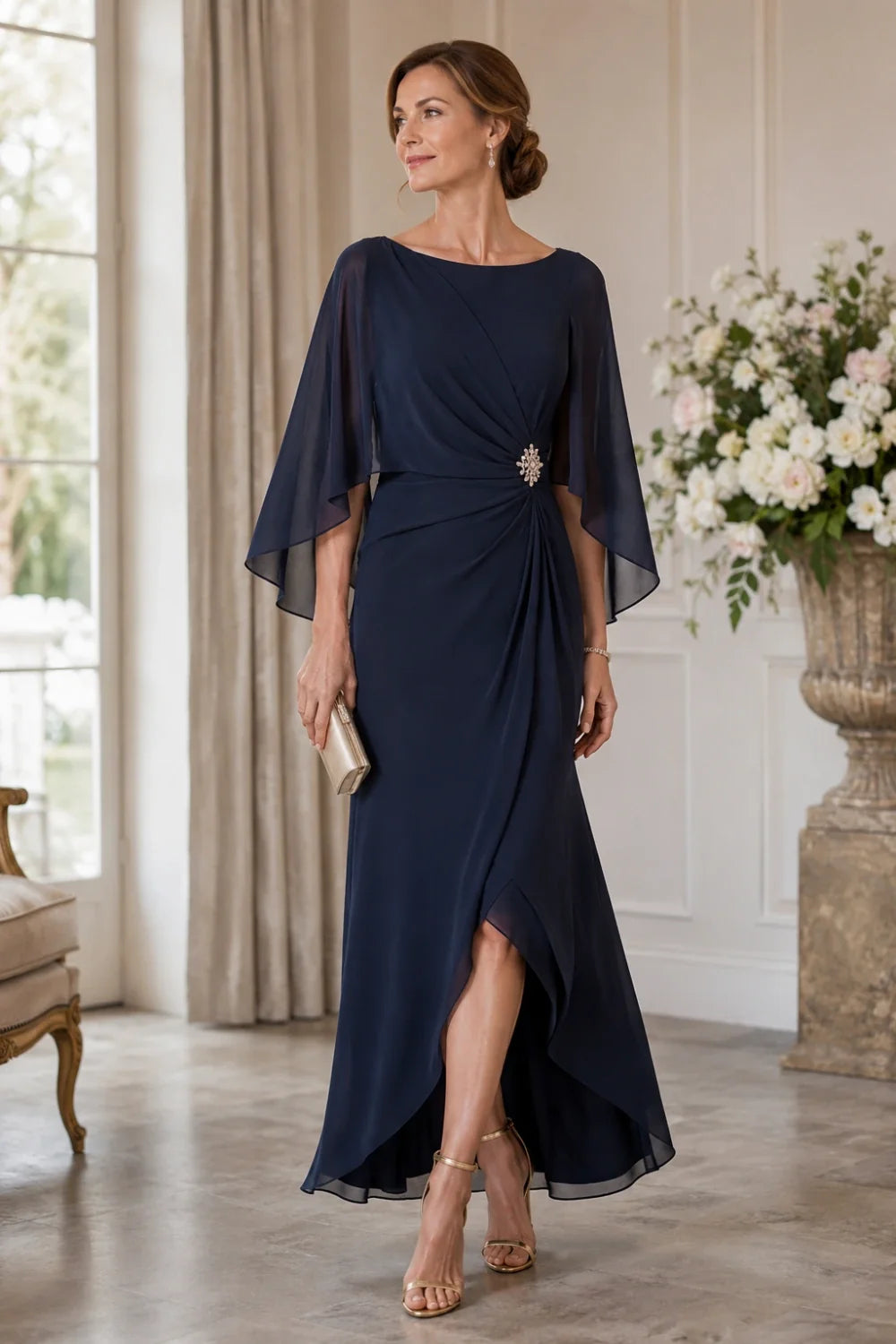 Chiffon Cape Sleeve Wrap Formal Dress with Brooch