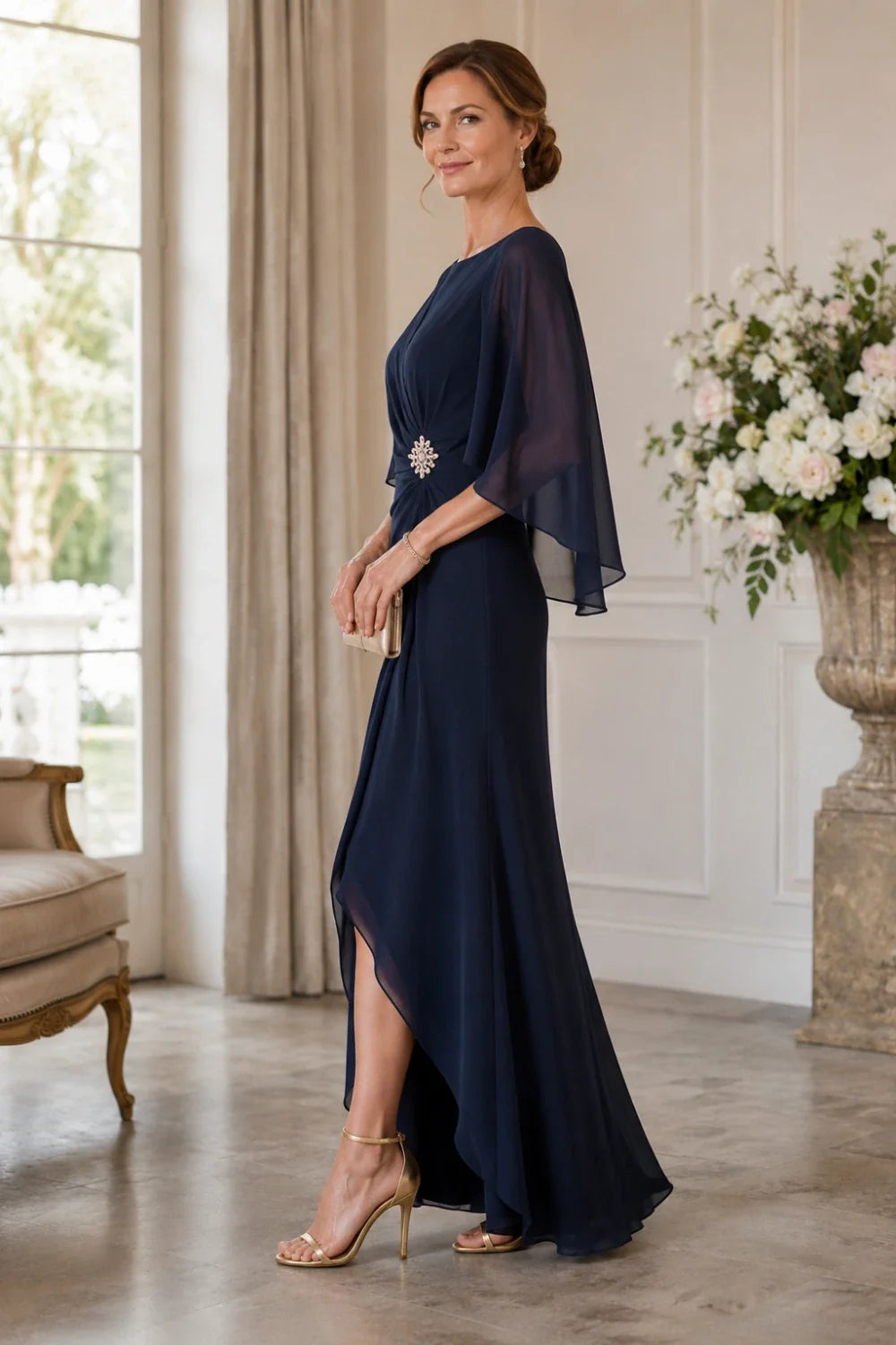Chiffon Cape Sleeve Wrap Formal Dress with Brooch