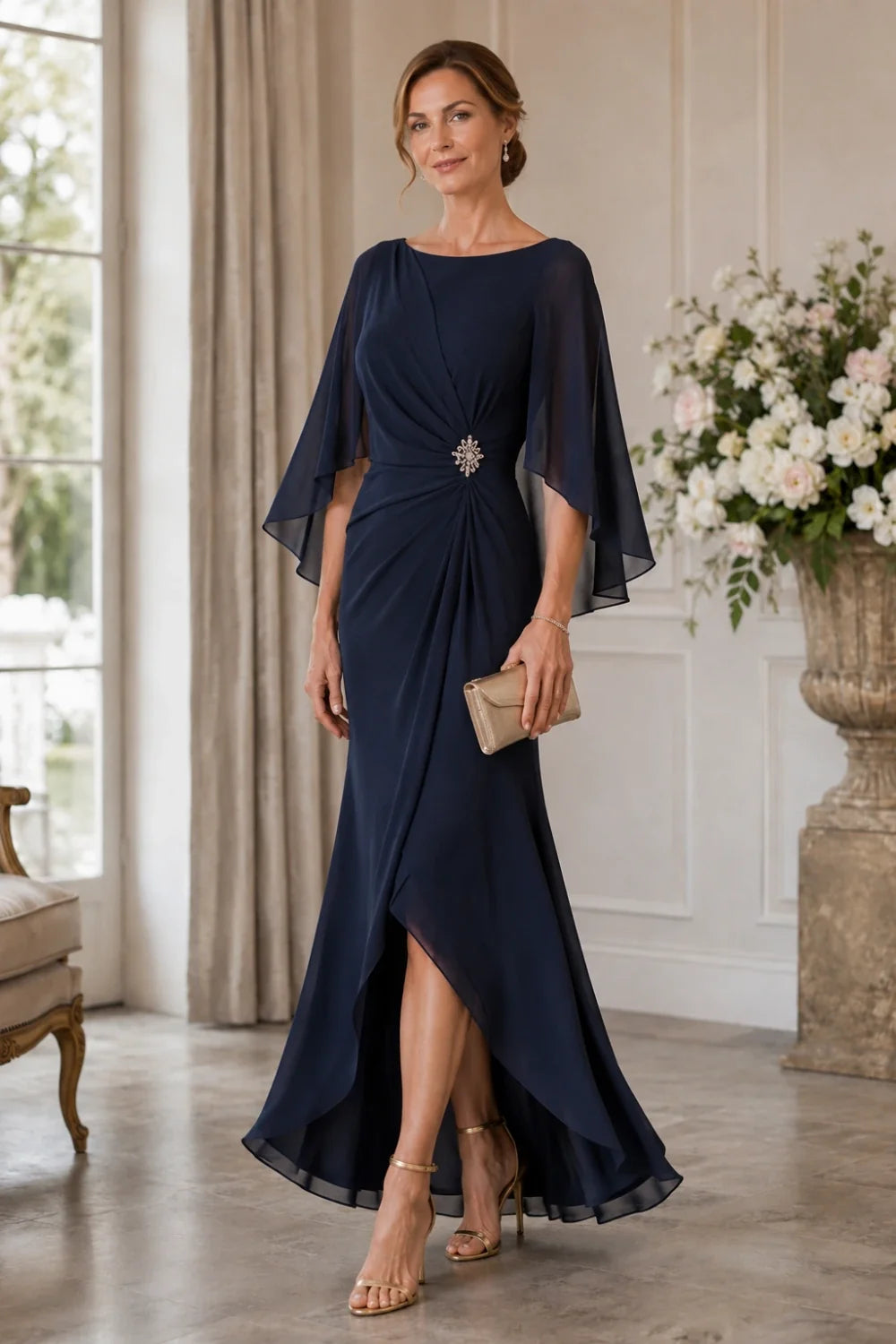Chiffon Cape Sleeve Wrap Formal Dress with Brooch