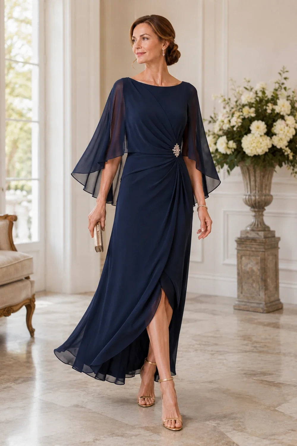 Chiffon Cape Sleeve Wrap Formal Dress with Brooch