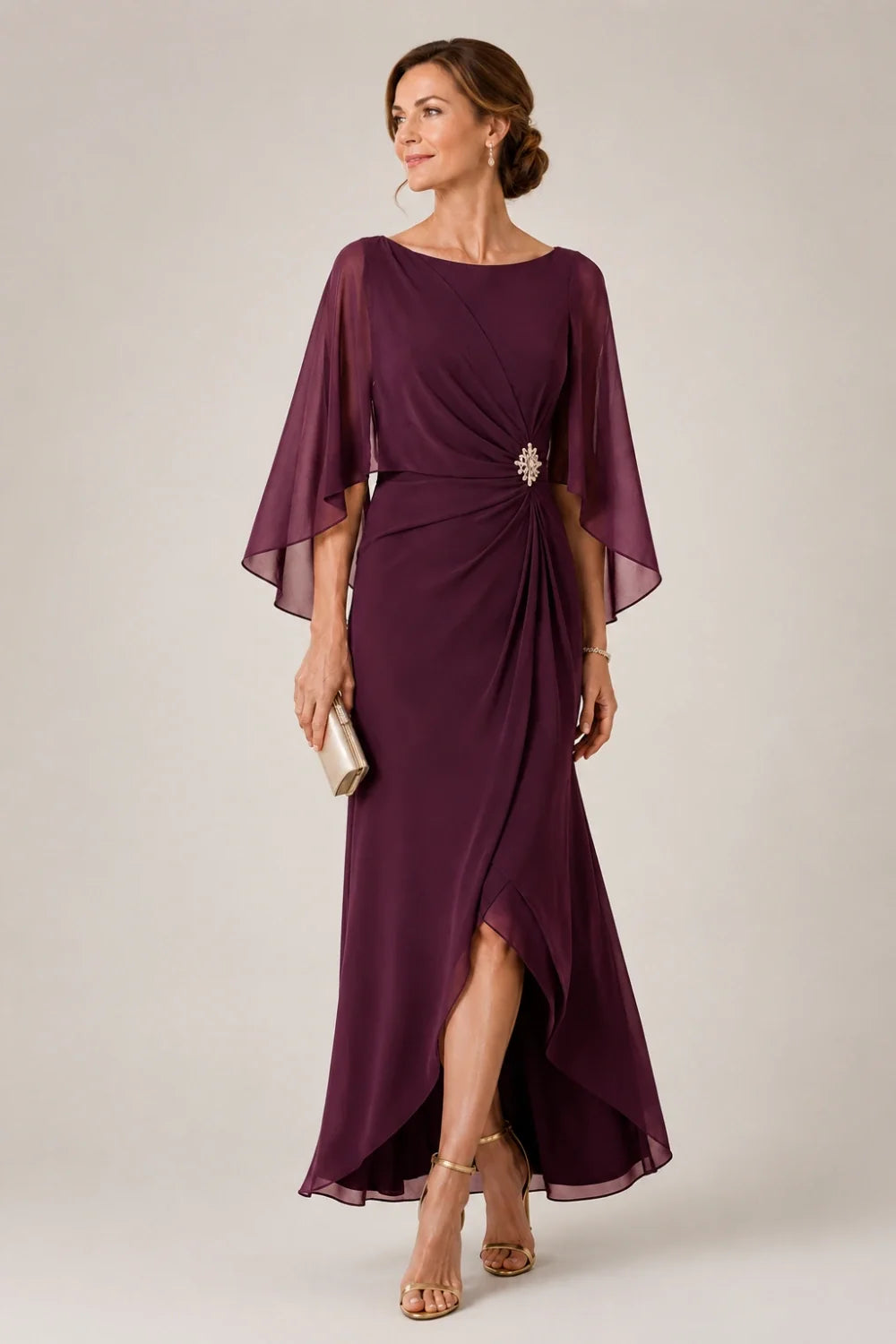 Chiffon Cape Sleeve Wrap Formal Dress with Brooch
