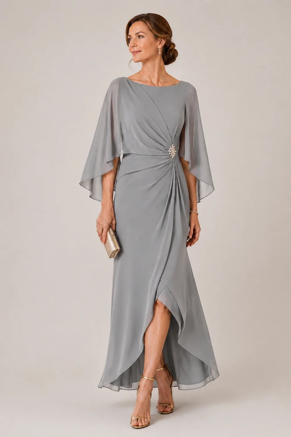 Chiffon Cape Sleeve Wrap Formal Dress with Brooch