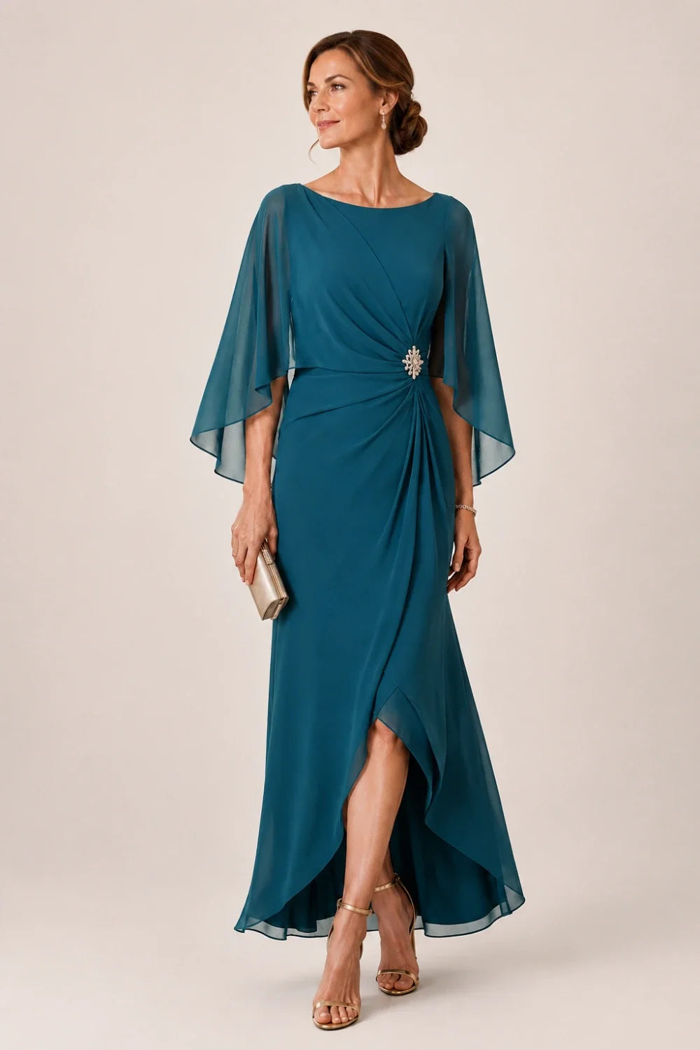 Chiffon Cape Sleeve Wrap Formal Dress with Brooch