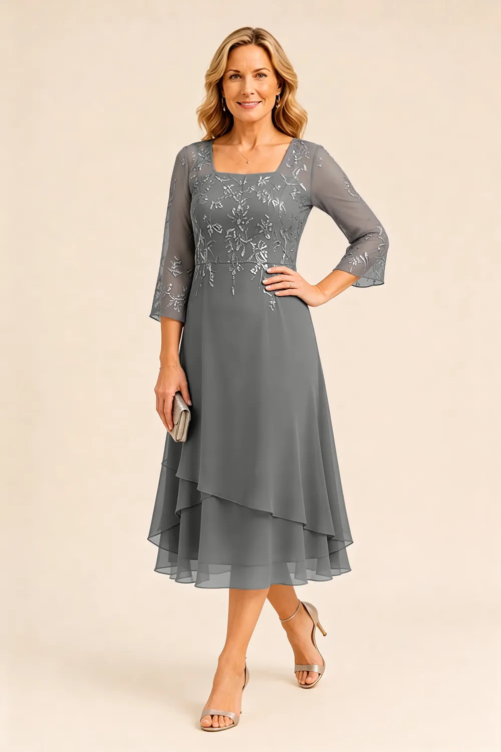Embroidered Chiffon Mother of the Bride Dress