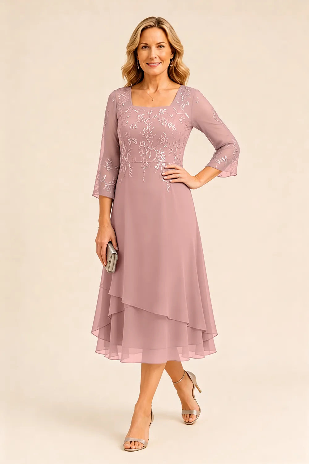 Embroidered Chiffon Mother of the Bride Dress