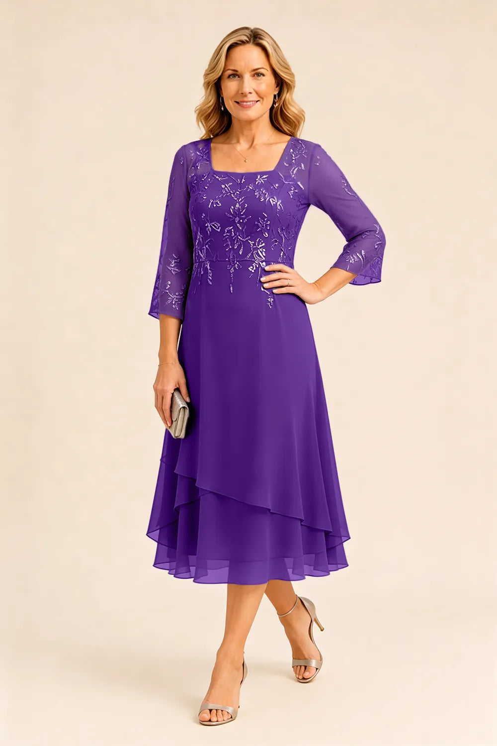 Embroidered Chiffon Mother of the Bride Dress