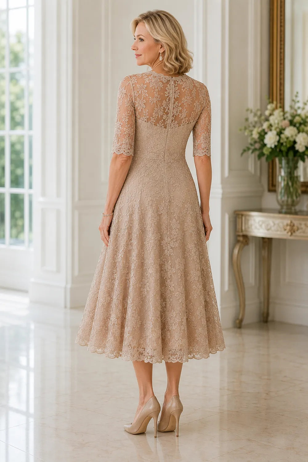 Sheer Lace Sleeve Tea Length Formal Dress