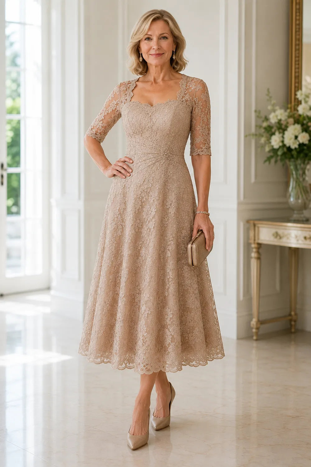 Sheer Lace Sleeve Tea Length Formal Dress